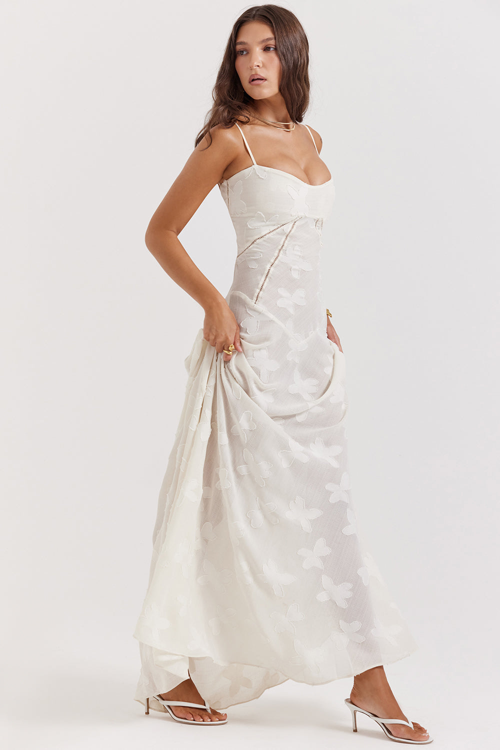 Retro Cremefarbene Maxi Kleid Mit Spitzeneinsatz hinten