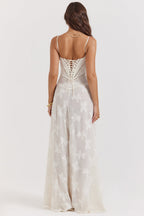 Retro Cremefarbene Maxi Kleid Mit Spitzeneinsatz hinten