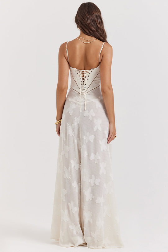 Retro Cremefarbene Maxi Kleid Mit Spitzeneinsatz hinten