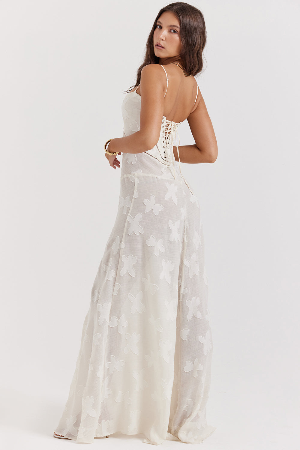 Retro Cremefarbene Maxi Kleid Mit Spitzeneinsatz hinten