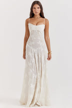 Retro Cremefarbene Maxi Kleid Mit Spitzeneinsatz hinten
