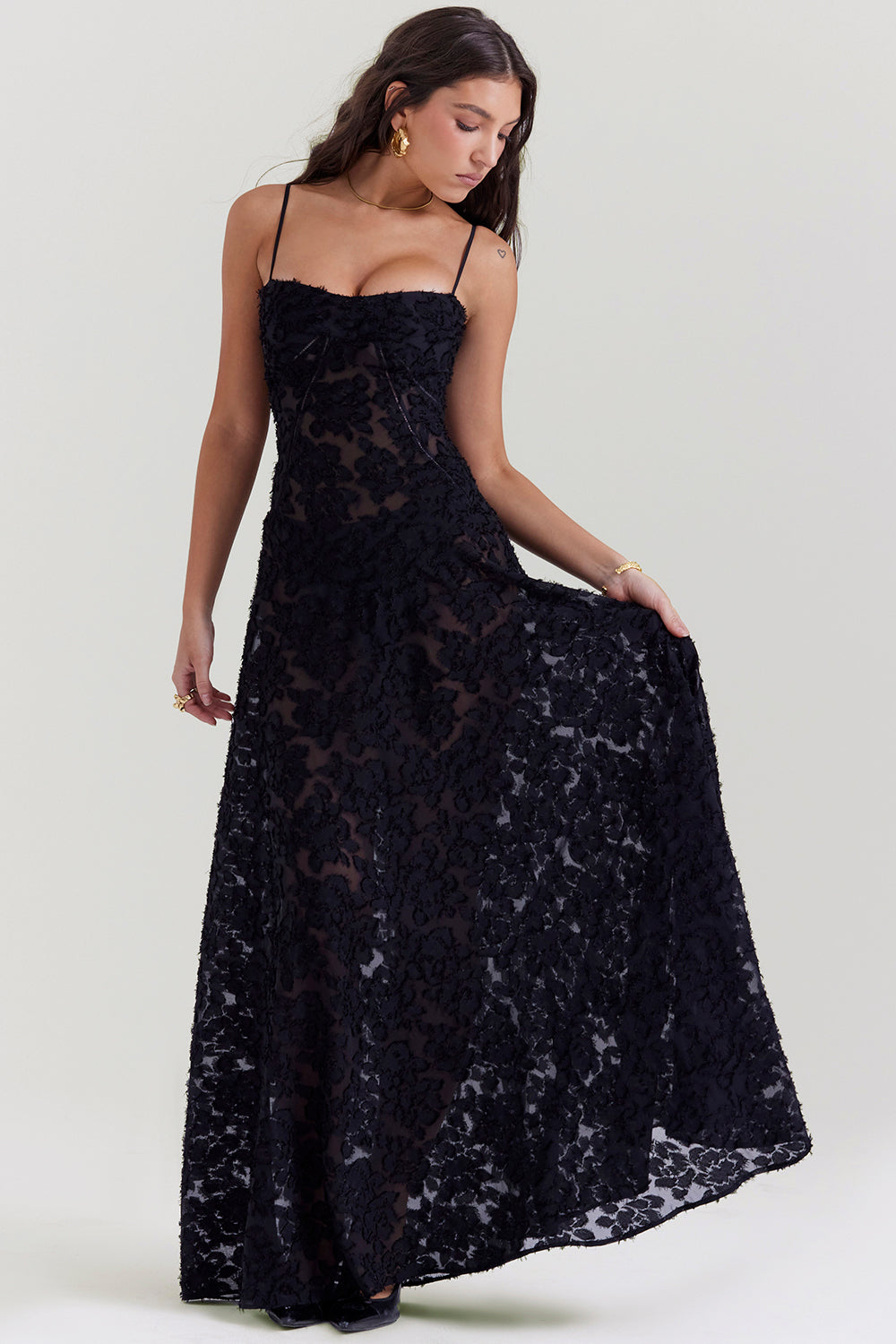 Retro Cremefarbene Maxi Kleid Mit Spitzeneinsatz hinten