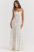 Retro Cremefarbene Maxi Kleid Mit Spitzeneinsatz hinten