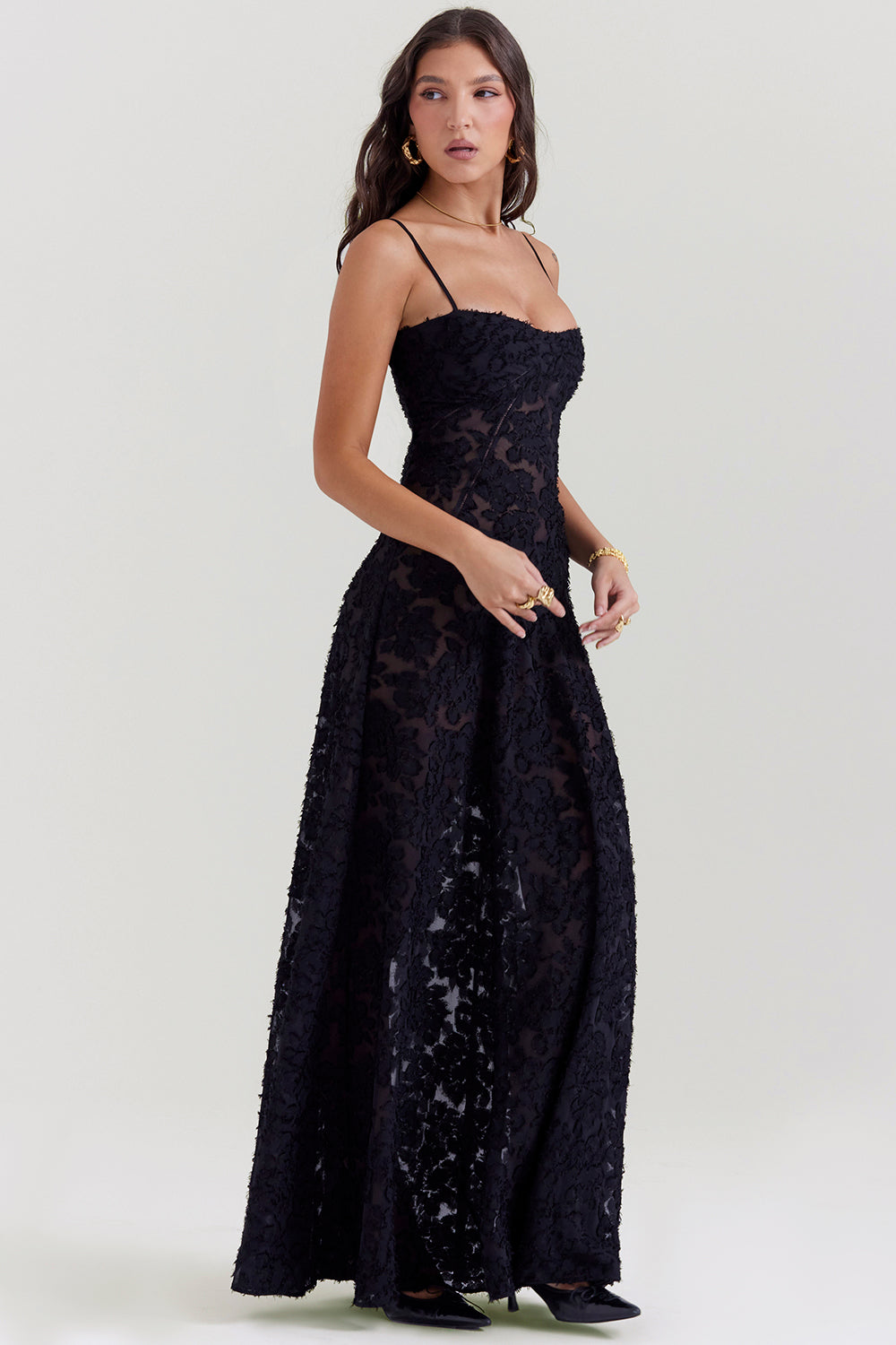 Retro Cremefarbene Maxi Kleid Mit Spitzeneinsatz hinten