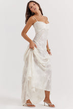 Retro Cremefarbene Maxi Kleid Mit Spitzeneinsatz hinten
