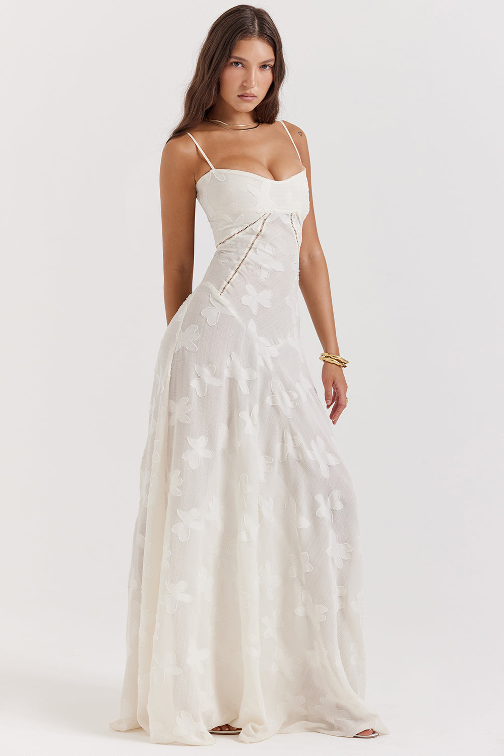 Retro Cremefarbene Maxi Kleid Mit Spitzeneinsatz hinten