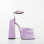 R&B | Glänzende Satin Pumps mit Quadratischer Spitze und Klobigem Plateau