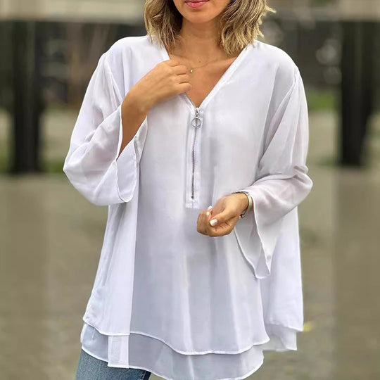 R&B | Chiffon Reißverschluss Top mit V-Ausschnitt