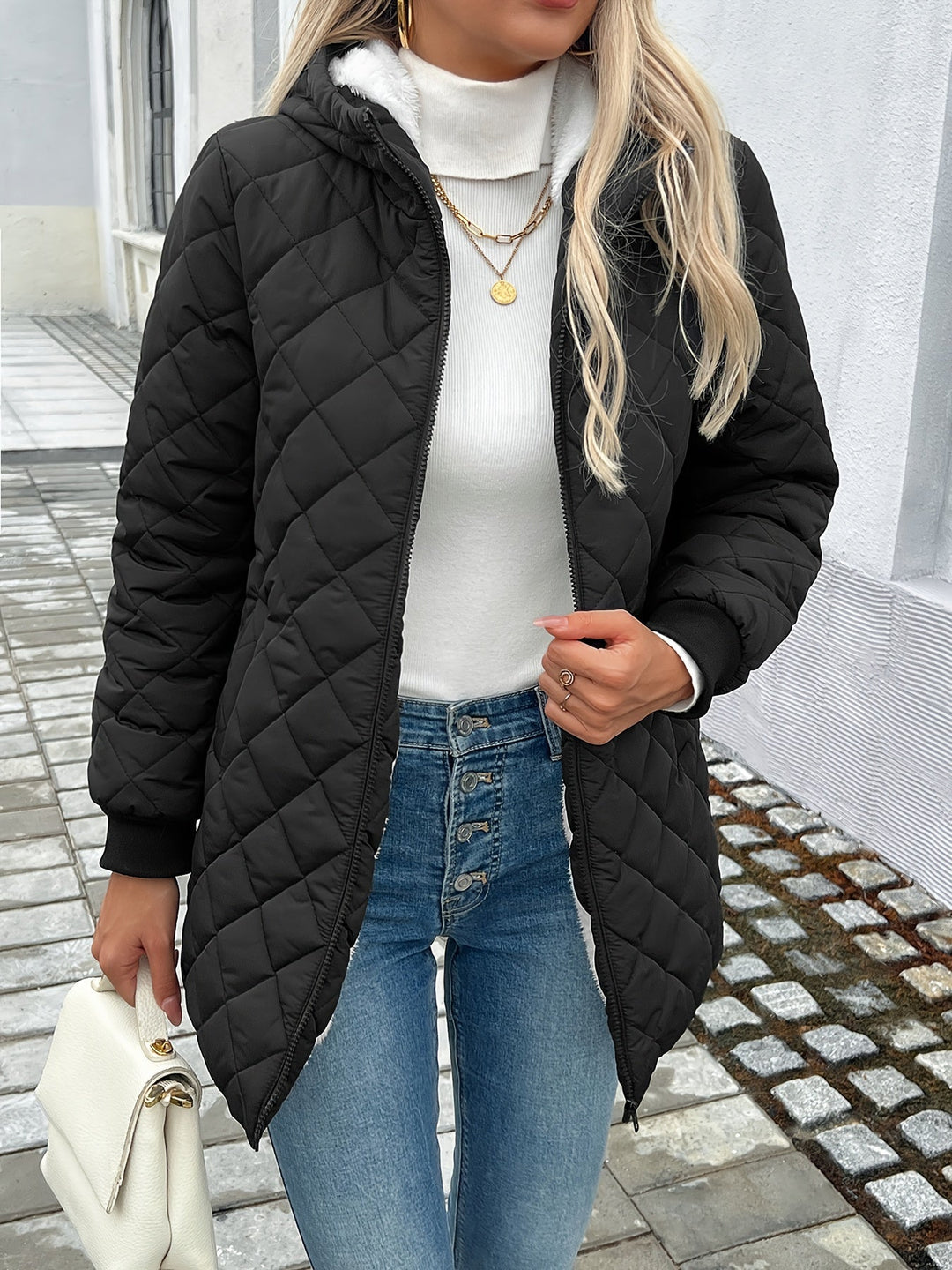 R&B | Gepolsterte Puffy-Jacke mit Reißverschluss und Kunstfellfutter