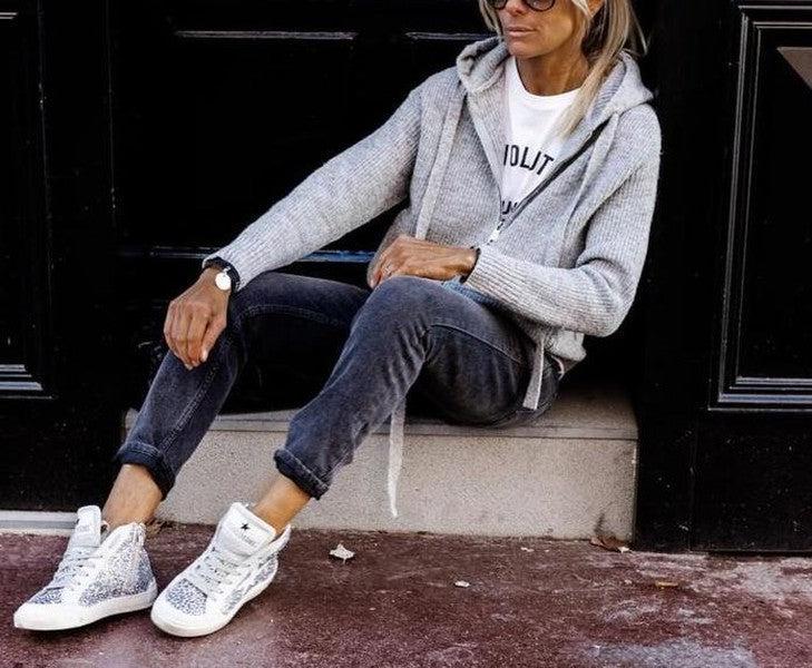 R&B | Grau Strick Hoodie mit Reißverschluss Wolle Komfortabel und Warm