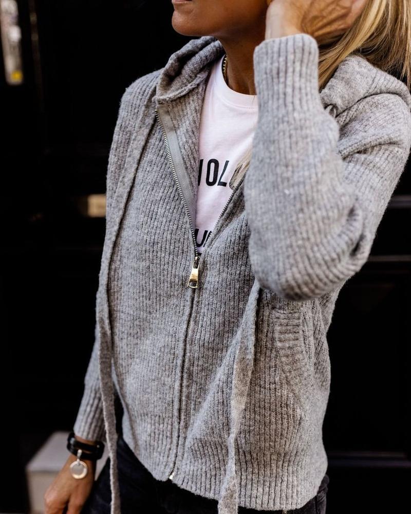 R&B | Grau Strick Hoodie mit Reißverschluss Wolle Komfortabel und Warm