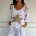 Damen Mode Rundhalsausschnitt häkeln stricken Mesh Top
