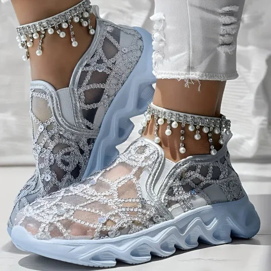 Damen bestickte Spitze Mesh Sneakers R&B R&B