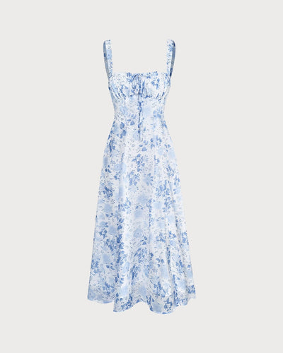 R&B | Blaues Midikleid mit Blumenmuster und Quadratischem Ausschnitt