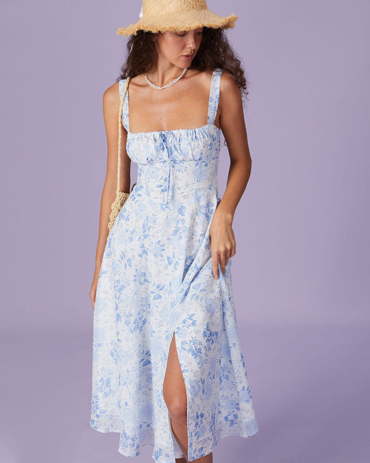 R&B | Blaues Midikleid mit Blumenmuster und Quadratischem Ausschnitt