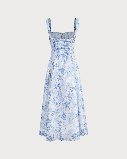 R&B | Blaues Midikleid mit Blumenmuster und Quadratischem Ausschnitt