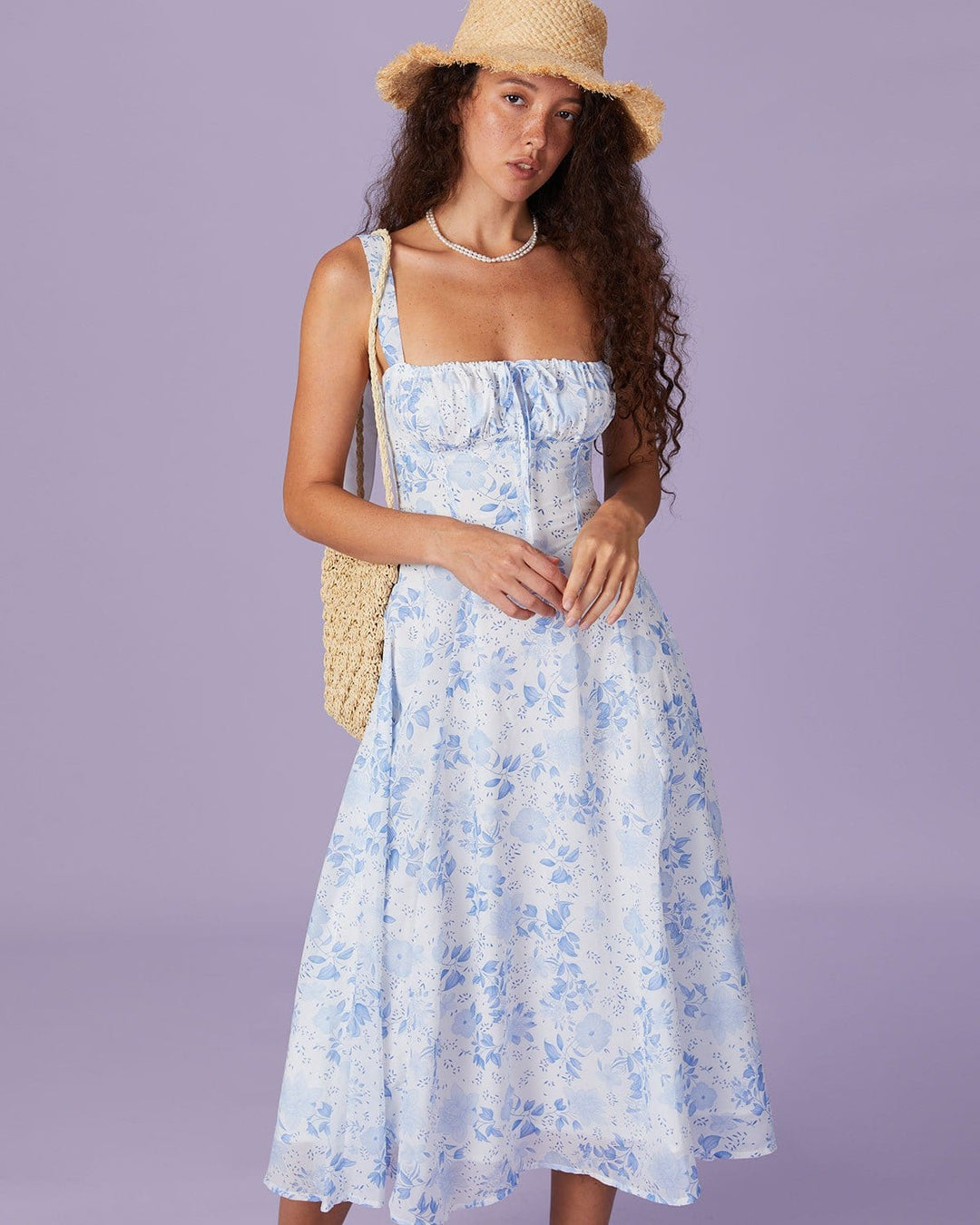 R&B | Blaues Midikleid mit Blumenmuster und Quadratischem Ausschnitt