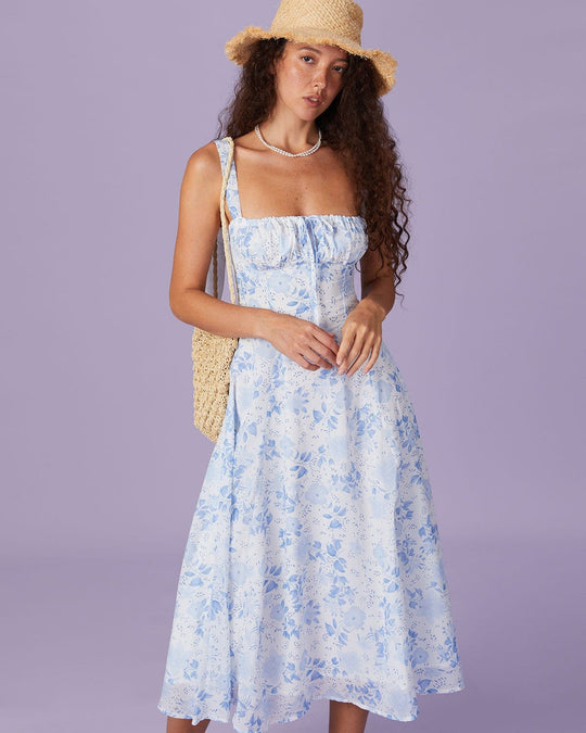 R&B | Blaues Midikleid mit Blumenmuster und Quadratischem Ausschnitt