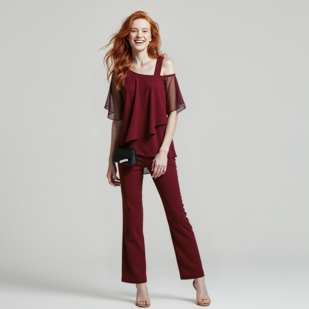 R&B | Damen Zweiteiler Satz Eleganter Jumpsuit mit Cold Shoulder Bluse