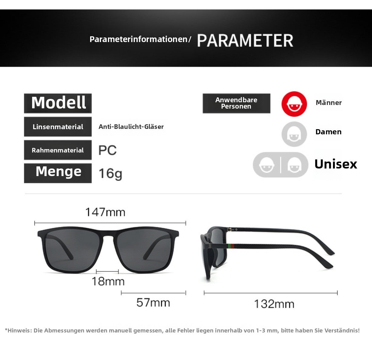R&B | UV-Schutz quadratische polarisierte Sonnenbrille mit großem Rahmen