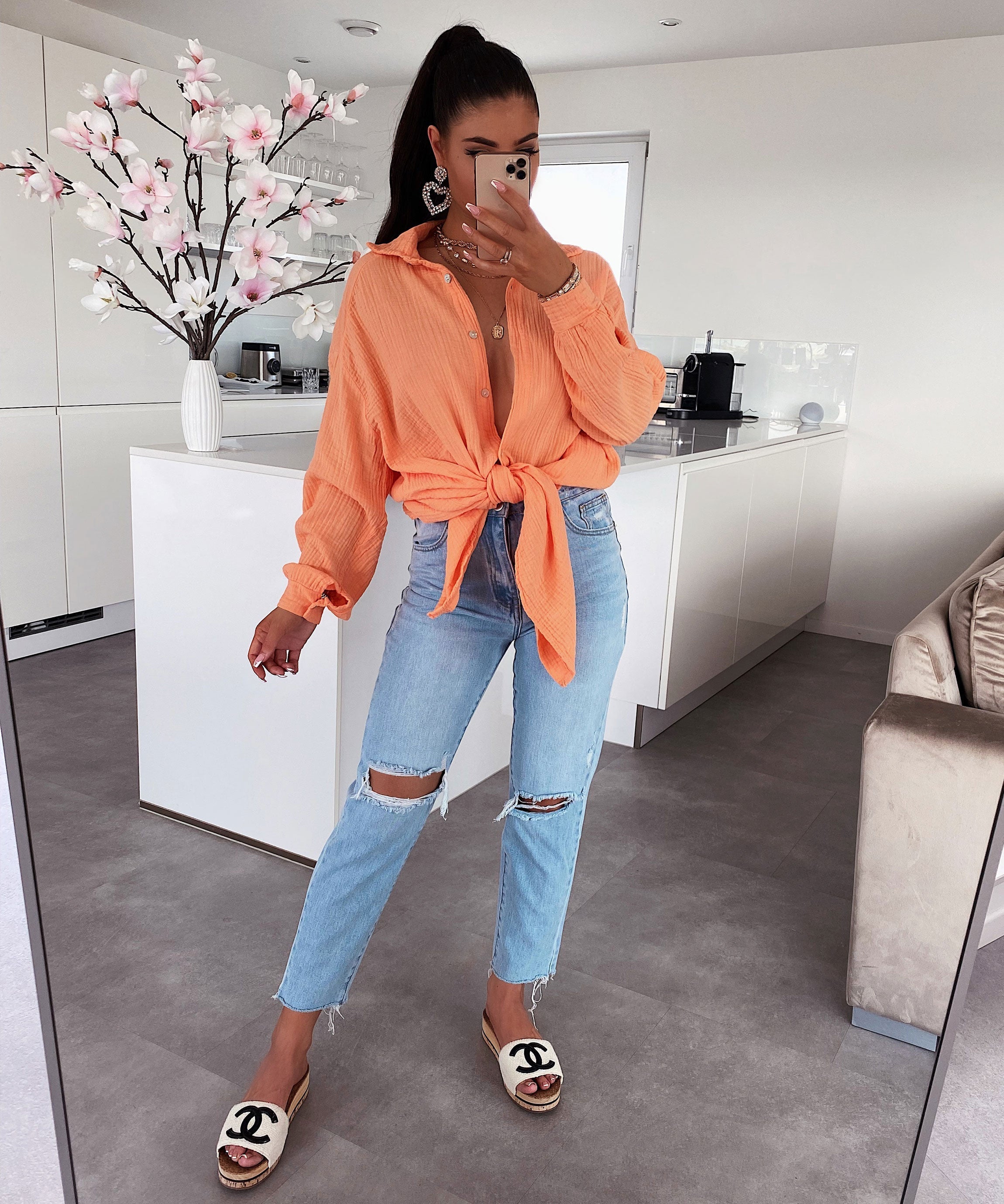 Musselin Bluse Freya Pastel Orange Lang