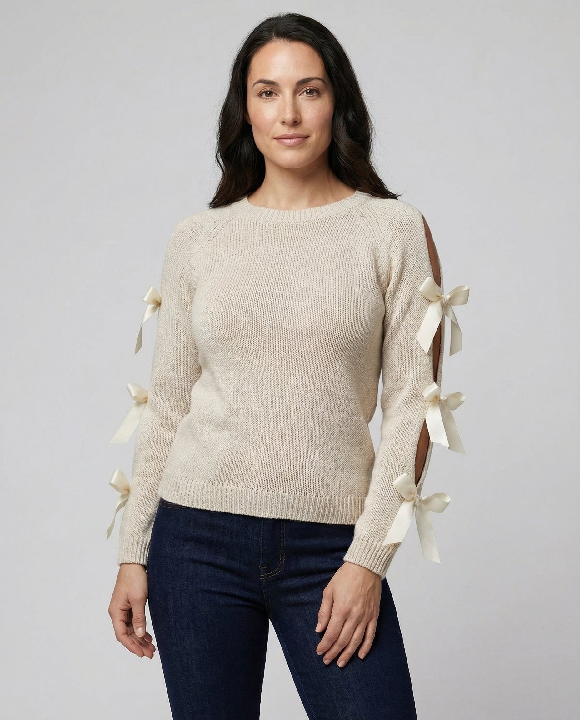 Damen Strickpullover mit offener Schulter und raffinierten Schleifendetails R&B