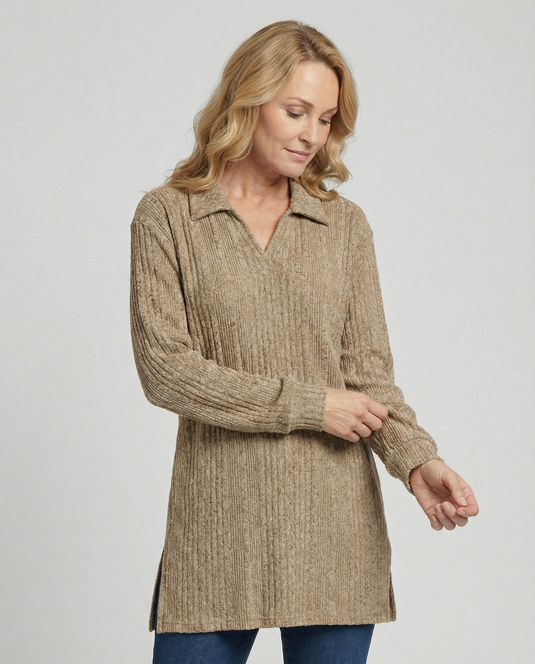 Damen Rippstrick Pullover mit Kragen