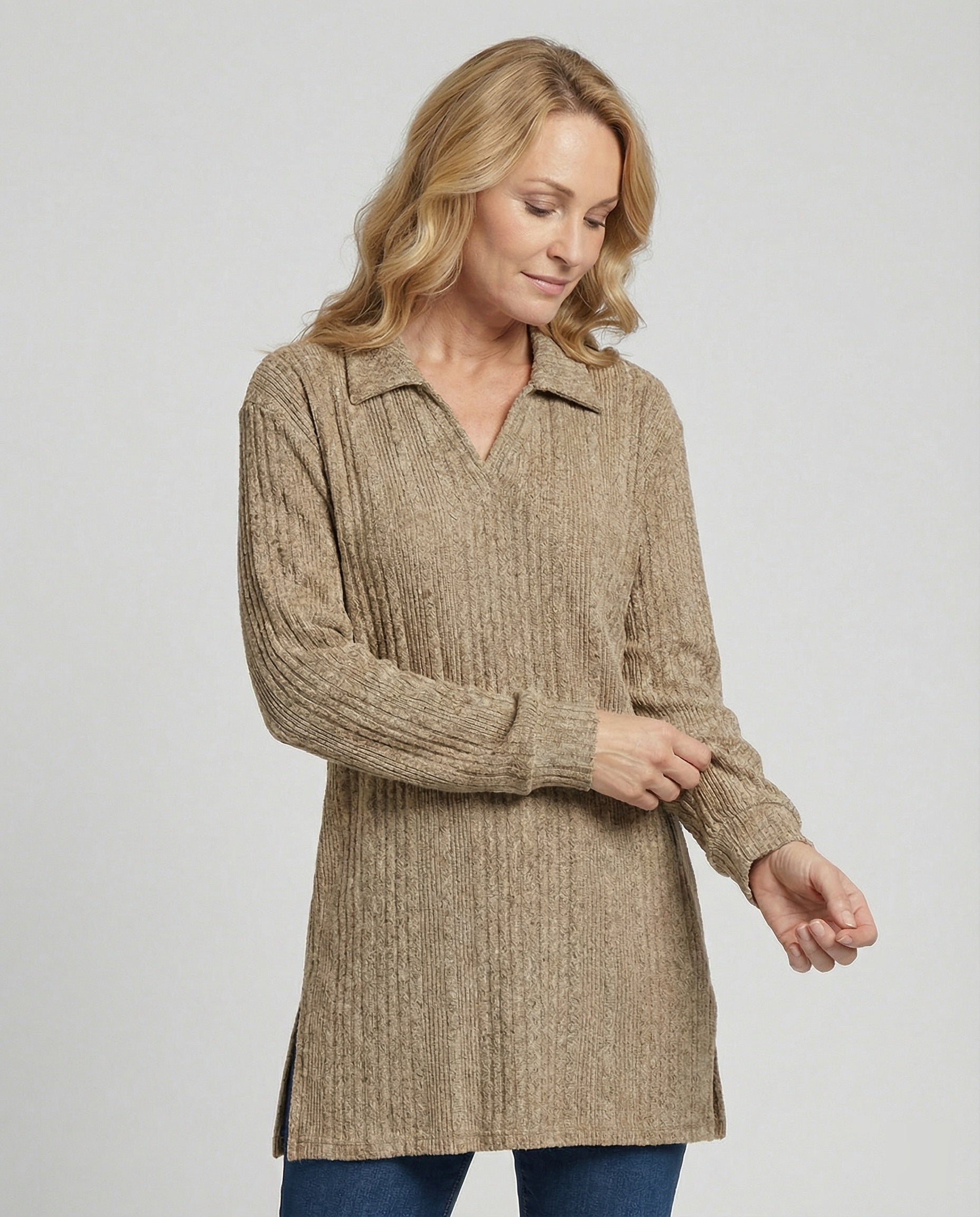 Damen Rippstrick Pullover mit Kragen