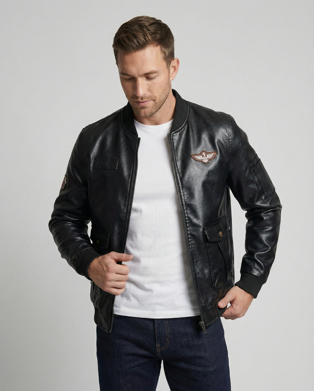Herren Bomberjacke Kunstleder Pilotenstil