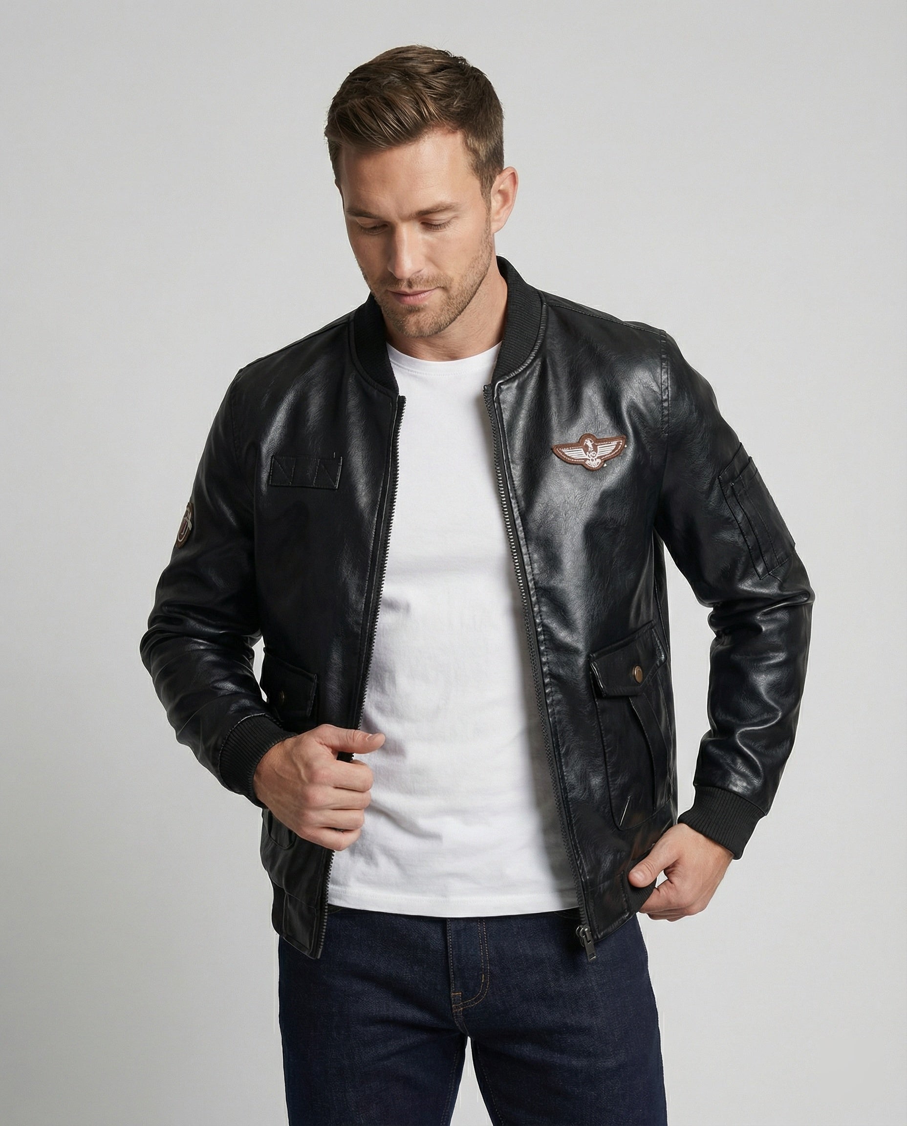 Herren Bomberjacke Kunstleder Pilotenstil