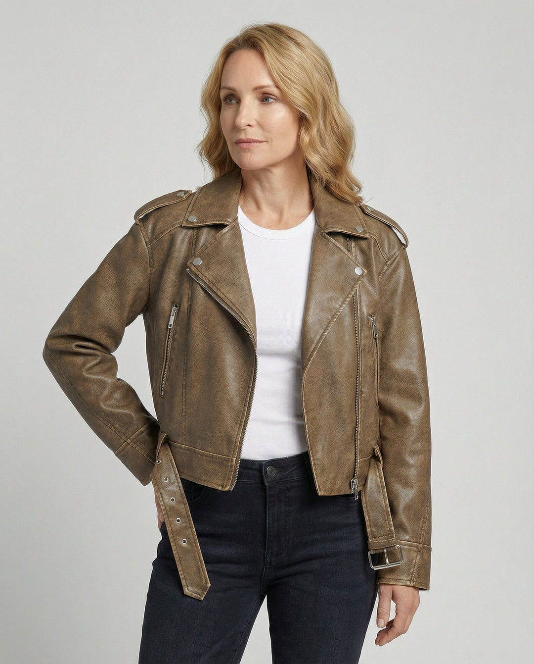 Damen cropped Kunstlederjacke im Biker-Stil