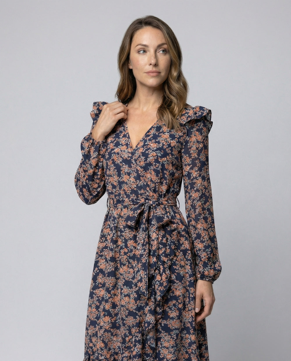 Damen Blusenkleid mit floralem Design und taillierbarem Gürtel R&B
