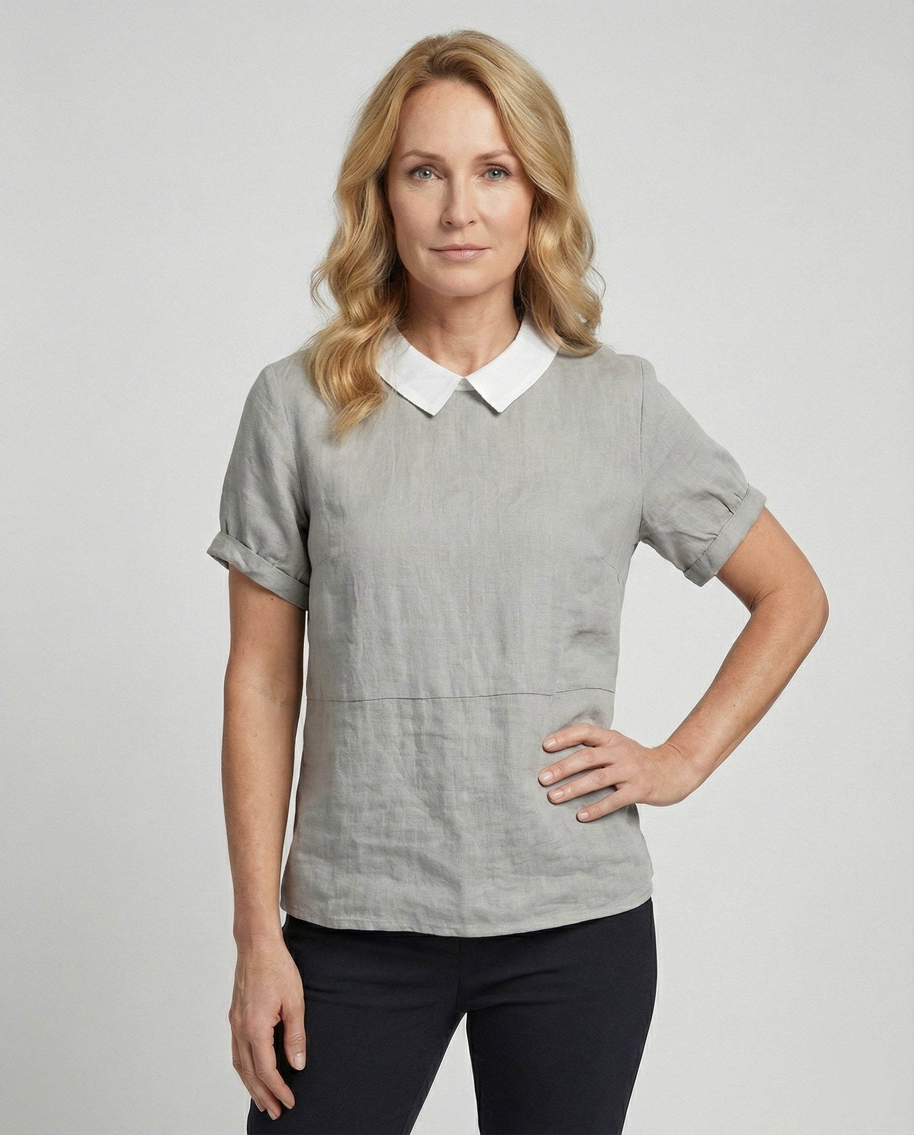 Damen Bluse Leinen Peter Pan Kragen