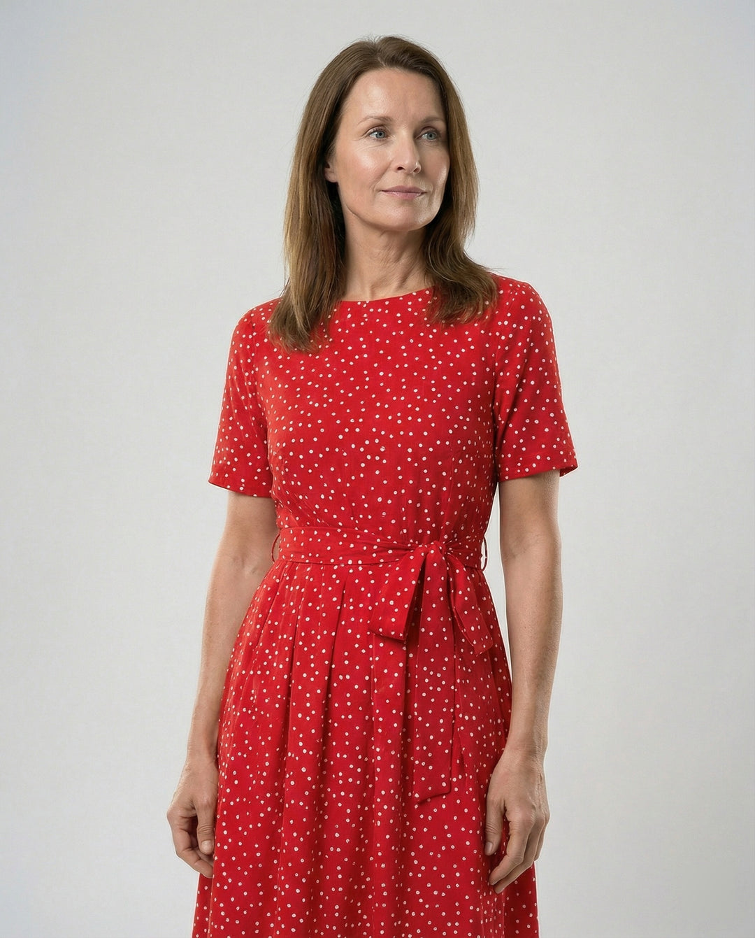 Damen Midi-Kleid mit Taillengürtel und Punkten