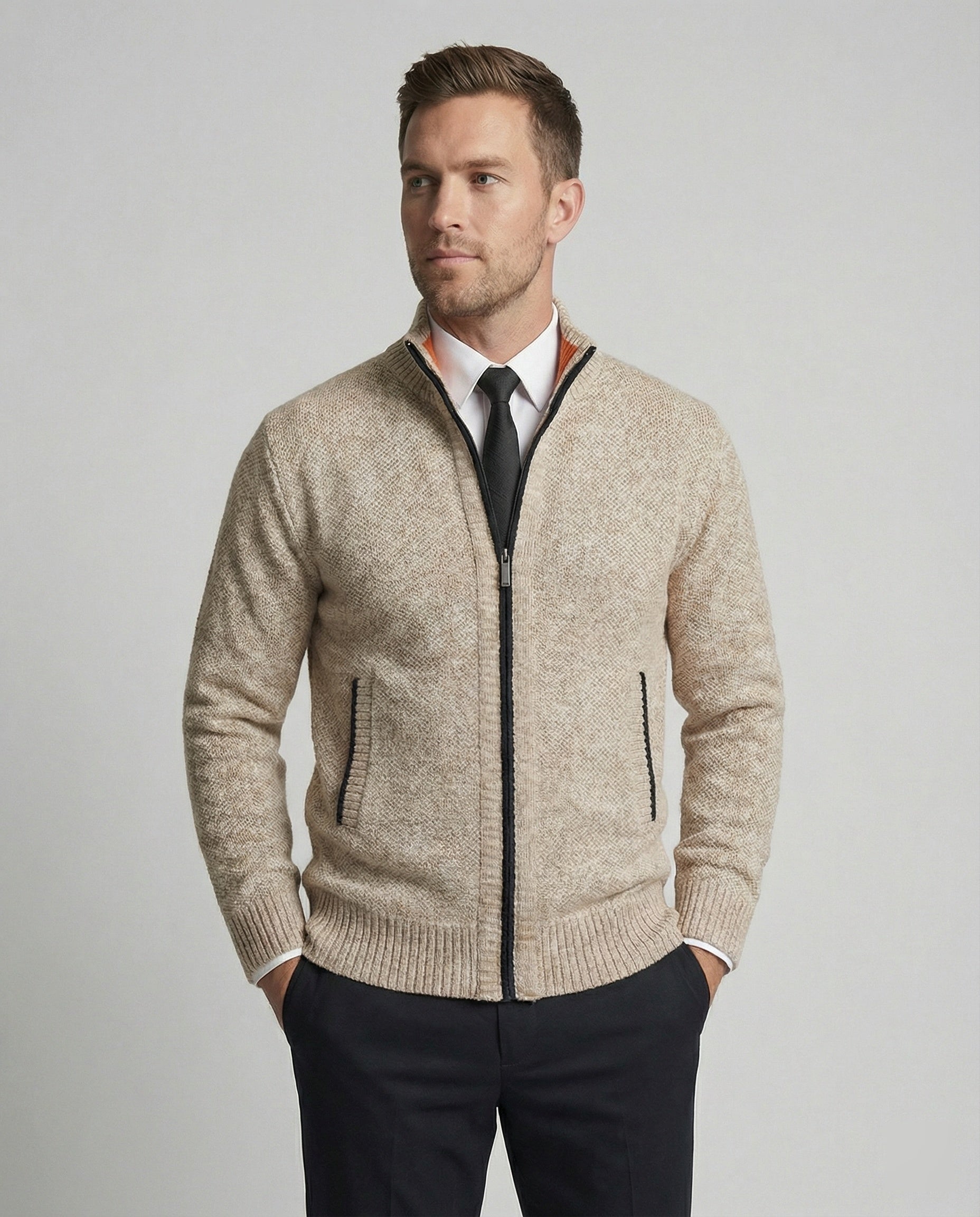 Herren Strickjacke mit hohem Kragen und elegantem Reißverschluss R&B