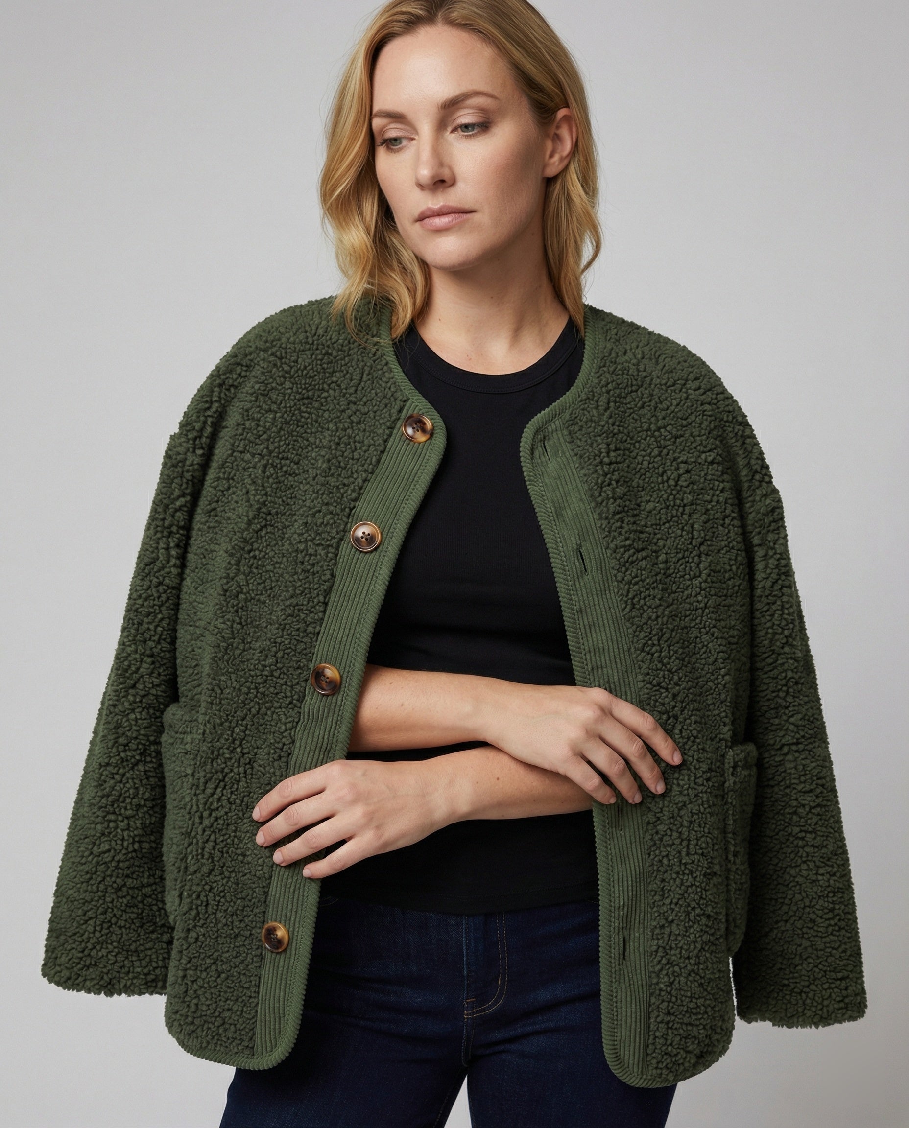 R&B | Damen Warme Winterjacken - Lässige Langarm Button-up Fleecejacke aus Sherpa