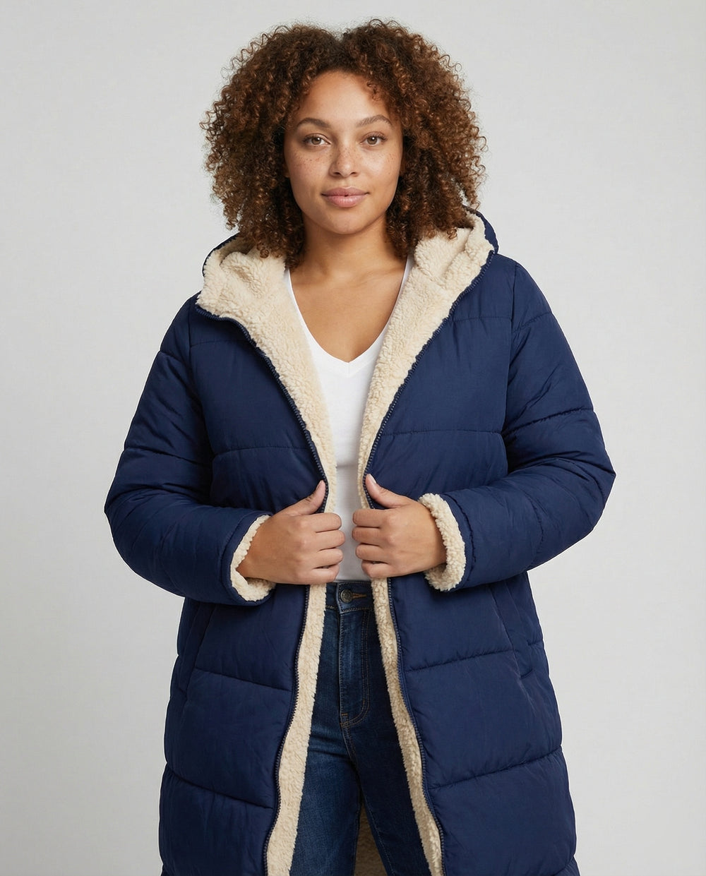 Damen lange, gefütterte Winterjacke mit Fleece-Futter R&B