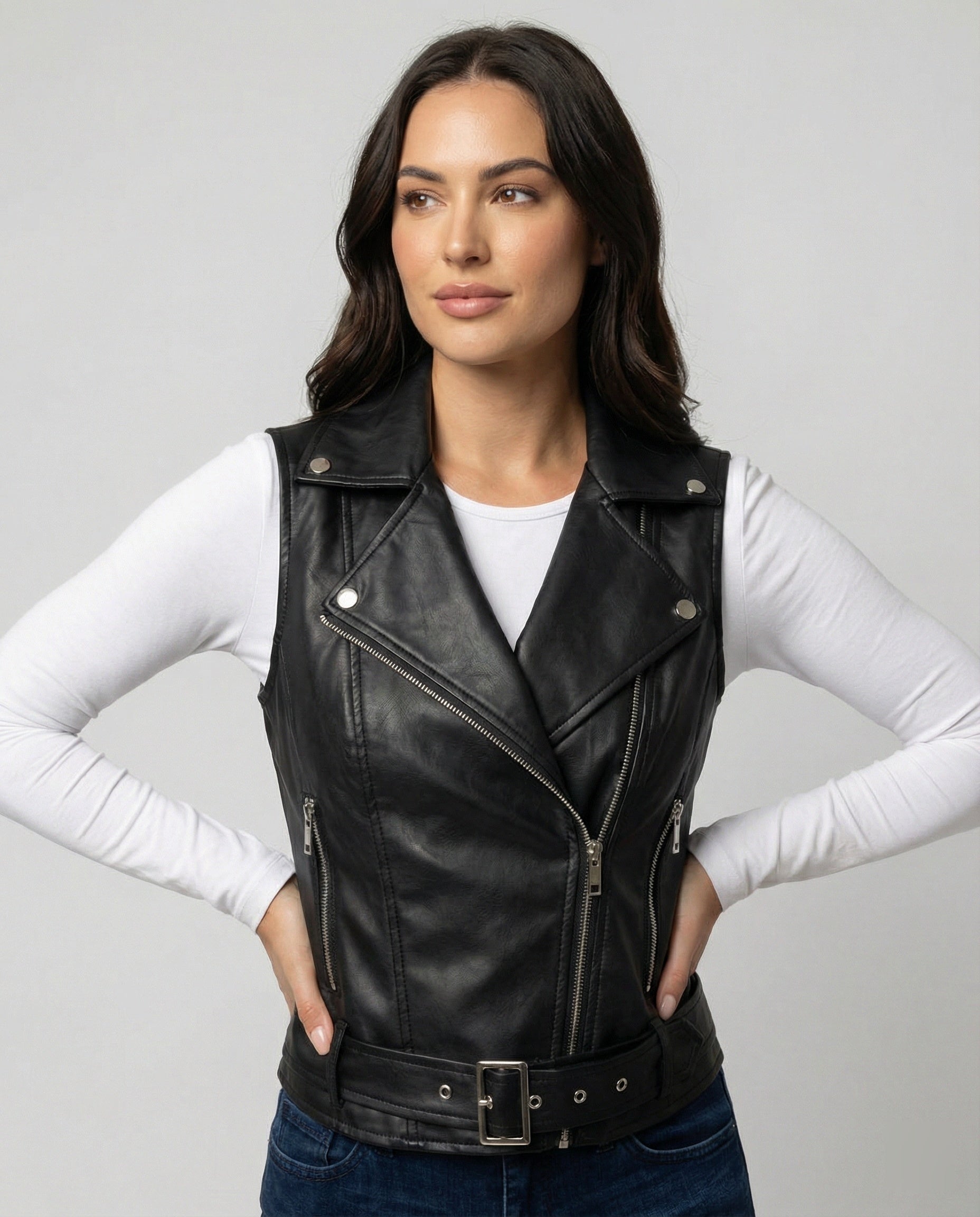 Damen Kunstleder Bikerjacke mit Gürtel