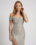 Glitzerndes Damen Abendkleid Schulterfreies Maxikleid mit Schlitz für Hochzeit & Fest | R&B