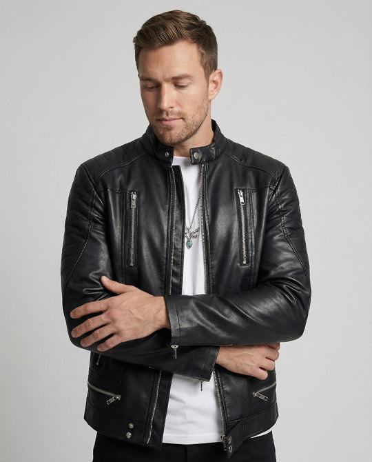 Herren Kunstlederjacke mit asymmetrischem Reißverschluss R&B