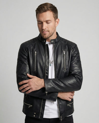 Herren Kunstlederjacke mit asymmetrischem Reißverschluss R&B