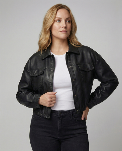 Übergangsjacke Damen schwarz cropped aus Kunstleder