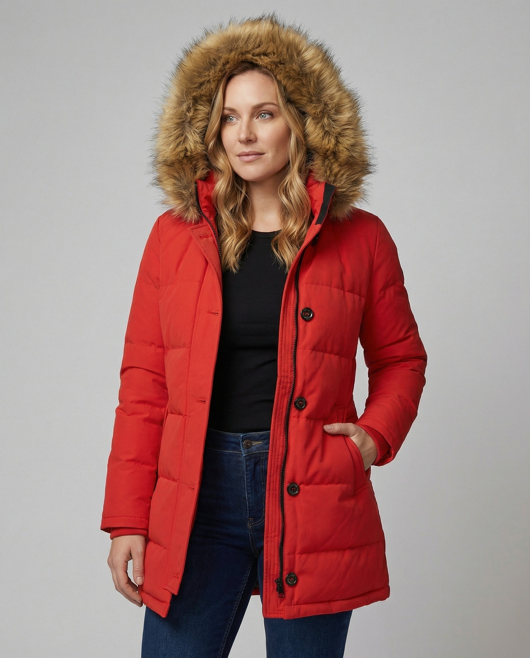 R&B | Slim-Fit Winterparka mit Kunstfellkapuze