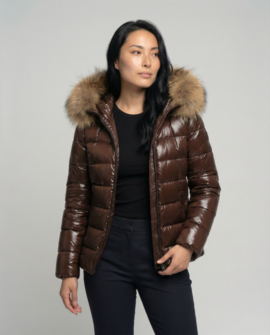 Damen Winterdaunenjacke mit abnehmbarer Kapuze und luxuriösem Fellkragen R&B