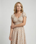 Damen Midikleid gesmokt mit Puffärmeln