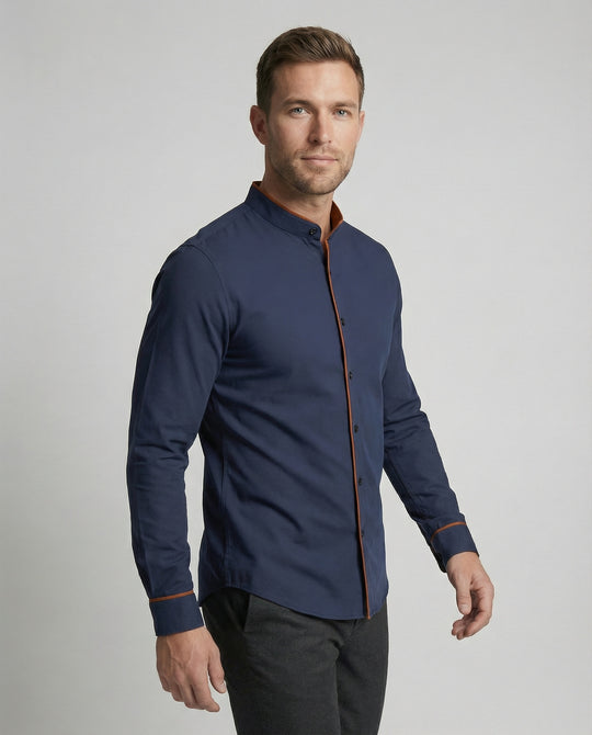 Herren elegantes Langarmhemd mit modernem Stehkragen und Kontrastnähten R&B
