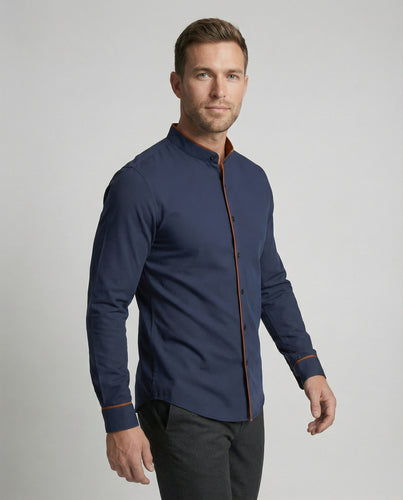 Herren elegantes Langarmhemd mit modernem Stehkragen und Kontrastnähten R&B