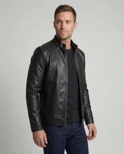 Herren elegante Kunstlederjacke mit Stehkragen R&B