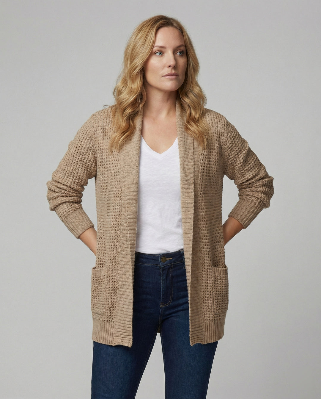 R&B | Strickjacke Weiches Strickmaterial Lockere Passform Offene Vorderseite Taschen Lange Ärmel