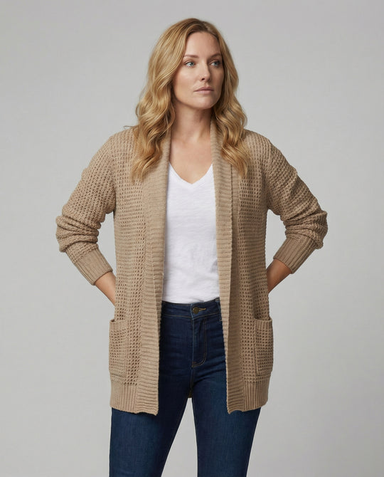 R&B | Strickjacke Weiches Strickmaterial Lockere Passform Offene Vorderseite Taschen Lange Ärmel